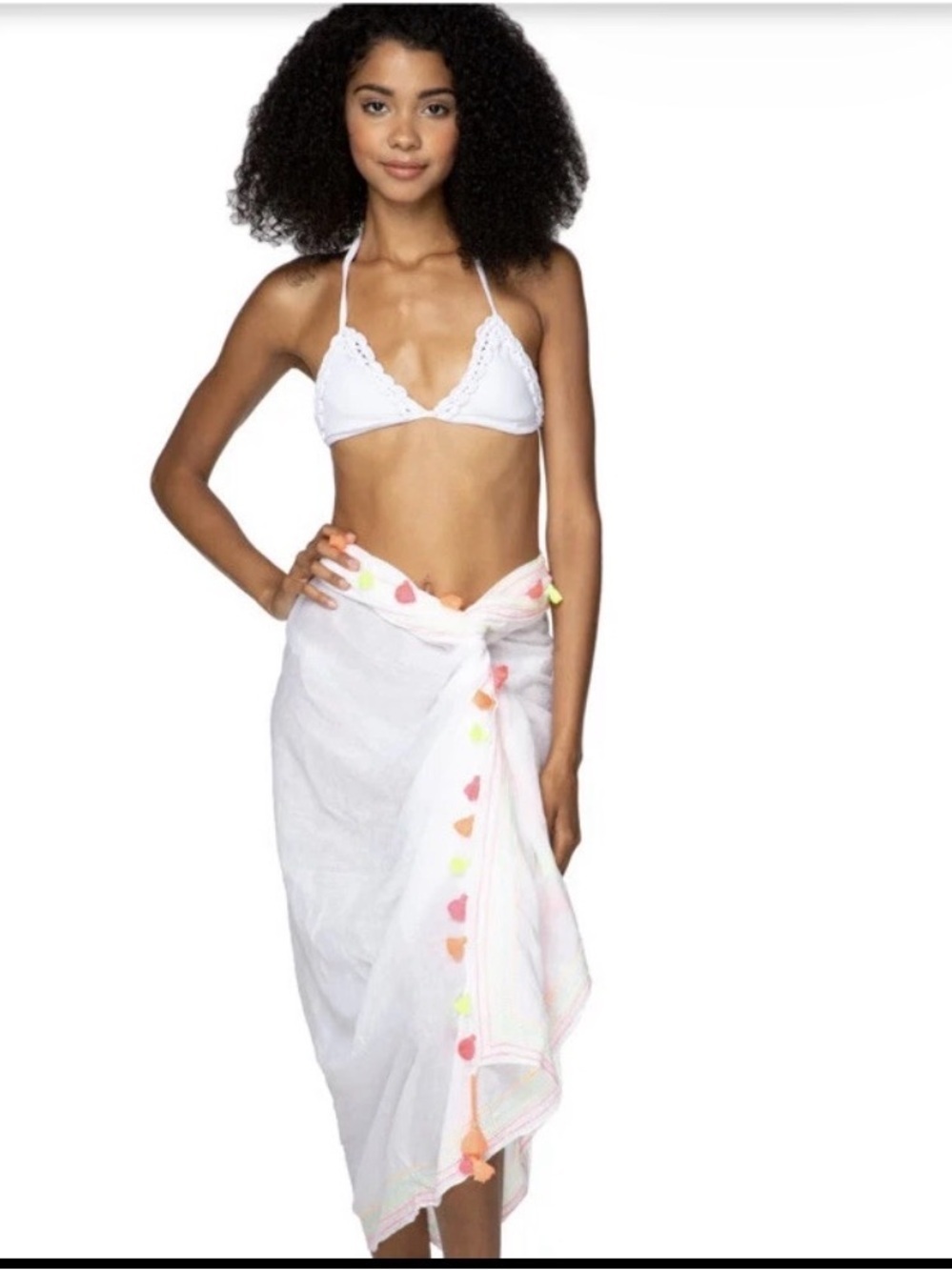 100% Cotton White Heart-Trim Sarong Coverup - Women's Beach Wrap - Picture 2 of 8